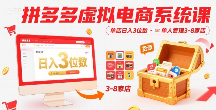 拼多多虚拟电商系统课,单店日入3位数,单人可管理3-8家店【附货源】-蜗牛学社