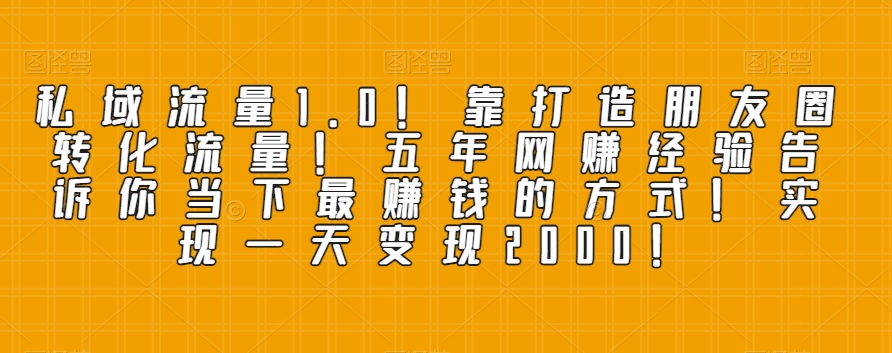 私域流量1.0！靠打造朋友圈转化流量！五年网创经验告诉你当下最赚钱的方式！实现一天变现2000！