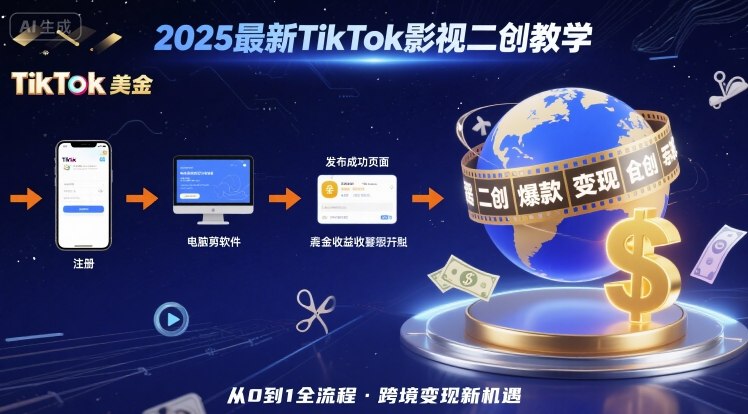2025年最新TikTok影视二创教学,从注册到发布撸美金全流程,跨境变现新机遇-蜗牛学社