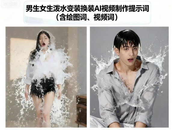 男生女生泼水变装换装AI视频制作提示词(含绘图词、视频词)-蜗牛学社