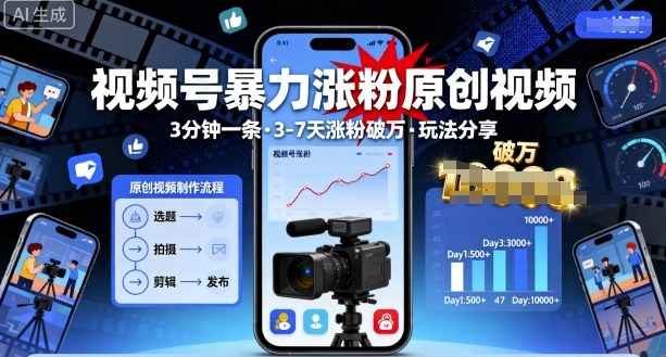 视频号暴力涨粉原创视频,3分钟一条原创视频,3-7天涨粉破万,玩法分享给你-蜗牛学社