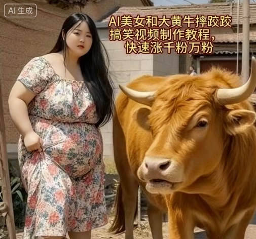 AI美女和大黄牛摔跤搞笑荒诞视频制作教程,快速涨千粉万粉-蜗牛学社