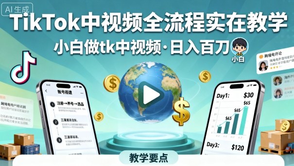 TikTok中视频全流程实操教学，小白做tk中视频，日入百刀-蜗牛学社