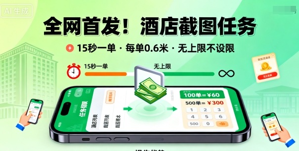 全网首发!酒店截图任务,15秒一单,每单0.6米,任务无上限不设限,矩阵操作单日3张到手【揭秘】-蜗牛学社