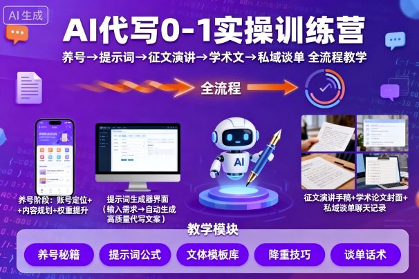 AI代写0-1实操训练营,从养号、提示词、征文演讲、学术文,到私域谈单的全流程教学-蜗牛学社