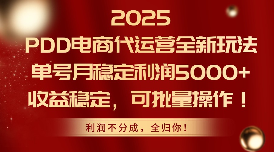 2025PDD电商代运营全新玩法,单号月稳定利润5000+,收益稳定,可批量操作