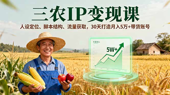 三农IP变现课,人设定位、脚本结构、流量获取,30天打造月入5万+带货账号