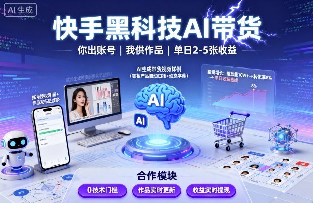 快手黑科技AI带货,你提供账号,我提供作品并发布,单日2-5张【揭秘】-蜗牛学社
