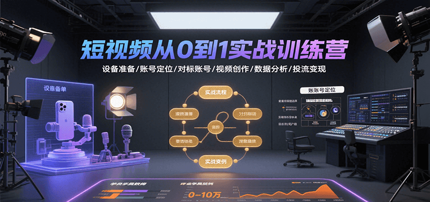 短视频从0到1实战训练营:设备准备/账号定位/对标账号/视频创作/数据分析/投流变现