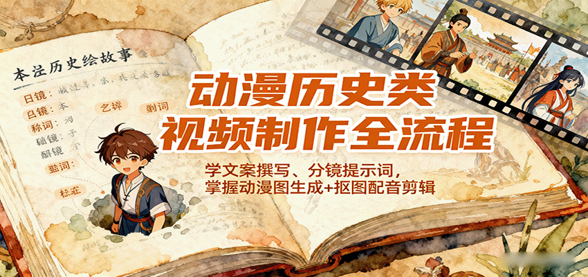 动漫历史类视频制作全流程,学文案撰写、分镜提示词,掌握动漫图生成+抠图配音剪辑-蜗牛学社