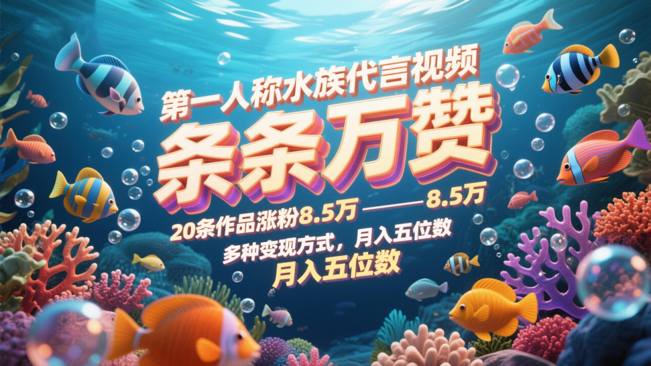 第一人称水族代言视频,条条万赞,20条作品涨粉8.5万,多种变现方式月,入五位数-蜗牛学社