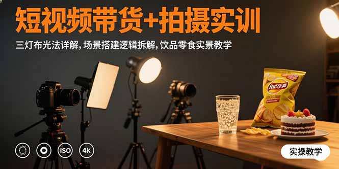 短视频带货+拍摄实训：三灯布光法详解,场景搭建逻辑拆解,饮品零食实景教学-蜗牛学社
