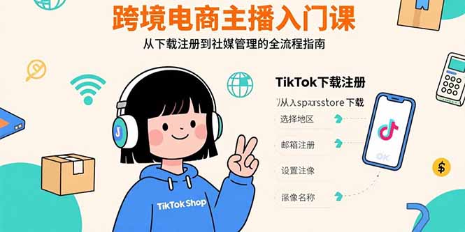 跨境电商主播入门课,TikTok下载注册,支付工具配置,社媒账号管理全流程-蜗牛学社