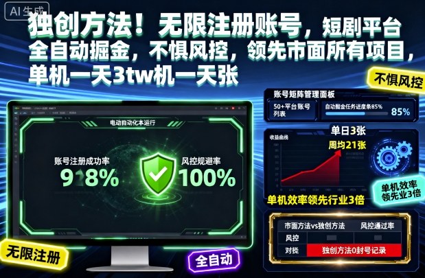 独创方法！无限注册账号，短剧平台全自动掘金，不惧风控，领先市面所有项目，单机一天3张【揭秘】-蜗牛学社