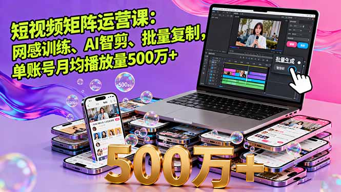 短视频矩阵运营课:网感训练、AI智剪、批量复制,单账号月均播放量500万+
