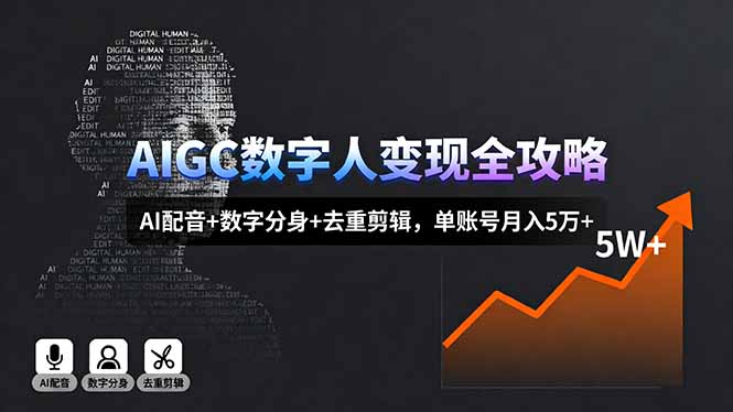 AIGC数字人变现全攻略,AI配音+数字分身+去重剪辑,单账号月入5万+-蜗牛学社