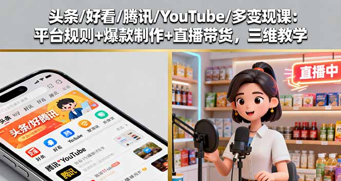 头条/好看/腾讯/YouTube/多变现课:平台规则+爆款制作+直播带货,三维教学-蜗牛学社