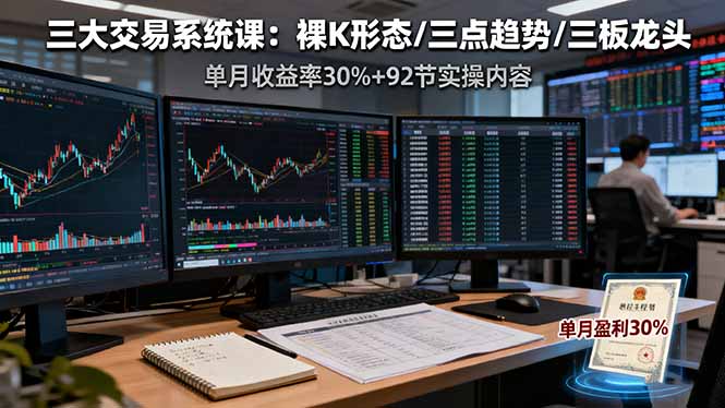 三大交易系统课:裸K形态/三点趋势/三板体系,单月收益率30%+92节实操内容