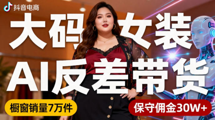 抖音小众赛道,大码女装AI反差带货,不用直播,每天6条作品,橱窗卖7万件,保守佣金30W+-蜗牛学社
