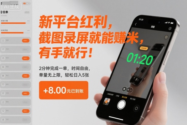 新平台红利,截图录屏就能賺米,有手就行!2分钟完成一单,时间自由,单量无上限,轻松日入5张【揭秘】-蜗牛学社