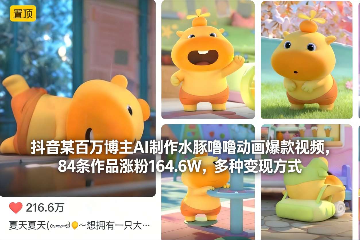 抖音某百万博主AI制作水豚噜噜动画爆款视频，84条作品涨粉164.6W，多种变现方式-蜗牛学社