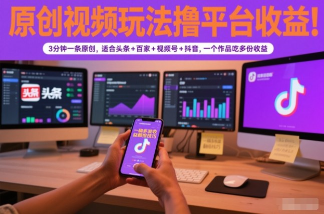 原创视频玩法撸平台收益,3分钟一条原创,适合头条+百家+视频号+抖音,一个作品吃多份收益-蜗牛学社