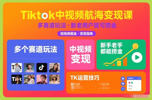 Tiktok中视频航海变现课，多个赛道玩法，新手老手都能在TK中视频捞金-蜗牛学社