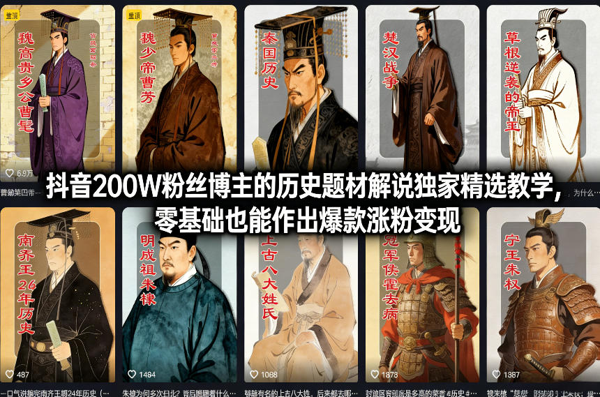 抖音200W粉丝博主的历史题材解说独家精选教学，零基础也能作出爆款涨粉变现-蜗牛学社