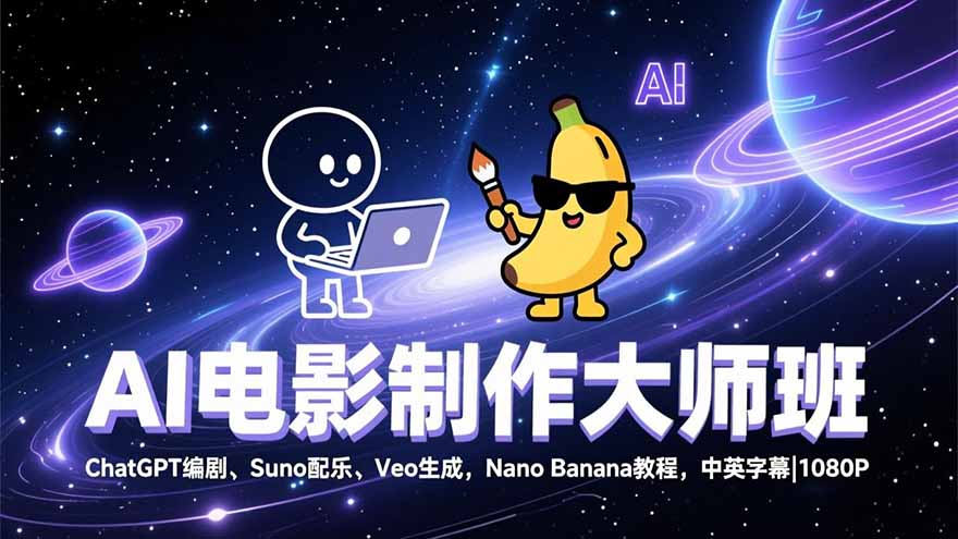 AI电影制作大师班:ChatGPT编剧、Suno配乐、Veo生成,Nano Banana教程,中英字幕|1080P-蜗牛学社