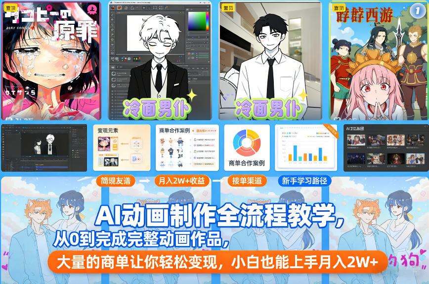 AI动画制作全流程教学，从0到完成完整动画作品，大量的商单让你轻松变现，小白也能上手月入2W+-蜗牛学社