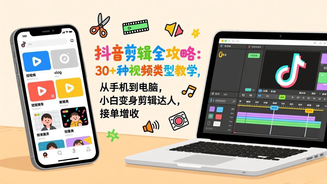 抖音剪辑全攻略：30+种视频类型教学，从手机到电脑，小白变身剪辑达人，接单增收-蜗牛学社