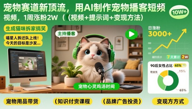 宠物赛道新顶流,用AI制作宠物播客短视频,1周涨粉2W(视频+提示词+变现方法)-蜗牛学社