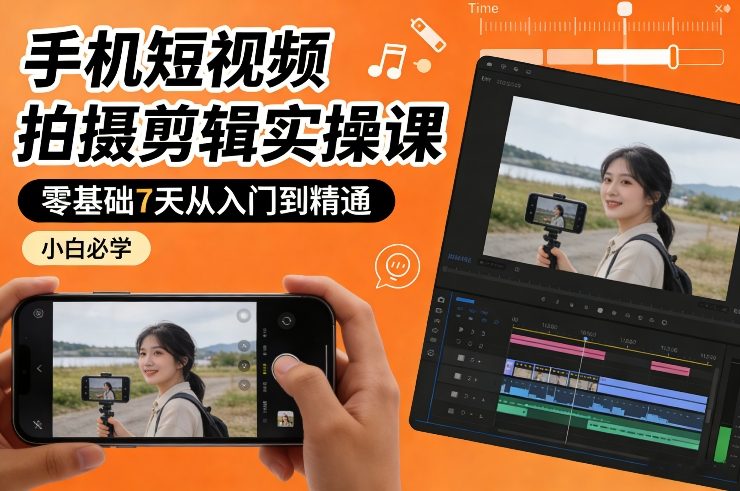 手机短视频拍摄剪辑实操课,零基础7天从入门到精通,小白必学-蜗牛学社