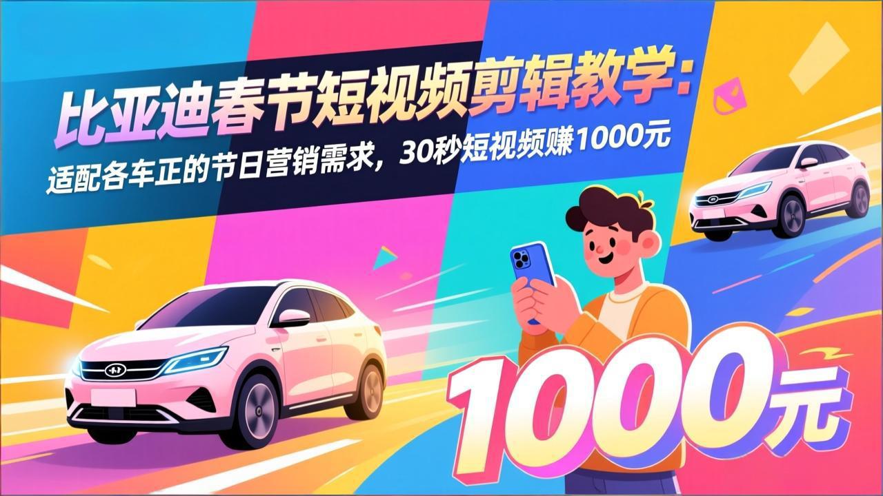 比亚迪春节短视频剪辑教学：适配各车企的节日营销需求，30秒短视频赚1000元-蜗牛学社