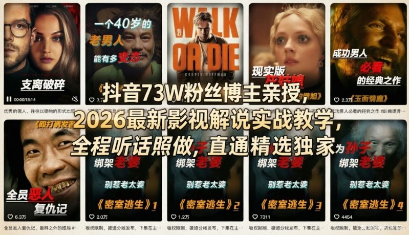 抖音73W粉丝博主亲授，2026最新影视解说实战教学，全程听话照做，直通精选独家-蜗牛学社