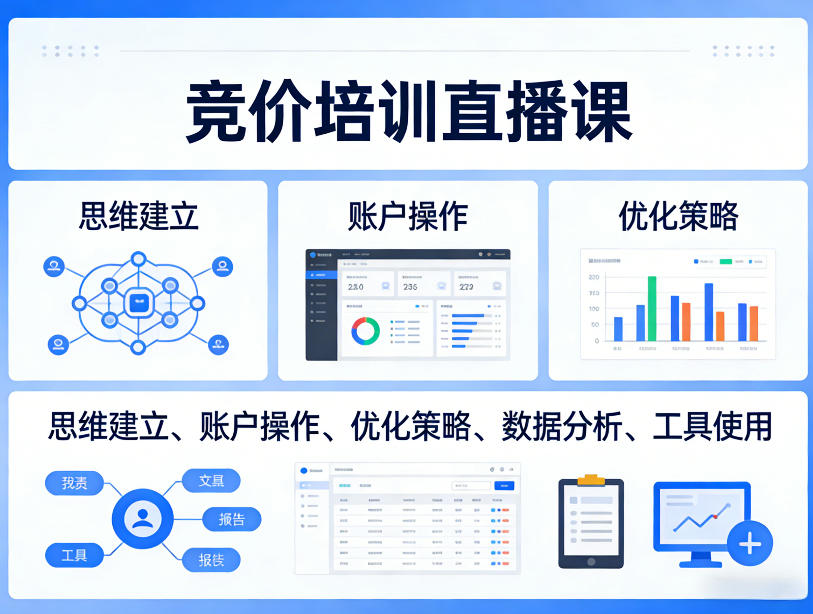竞价培训直播课,覆盖思维建立、账户操作、优化策略、数据分析、工具使用等,全方位提升效果-蜗牛学社