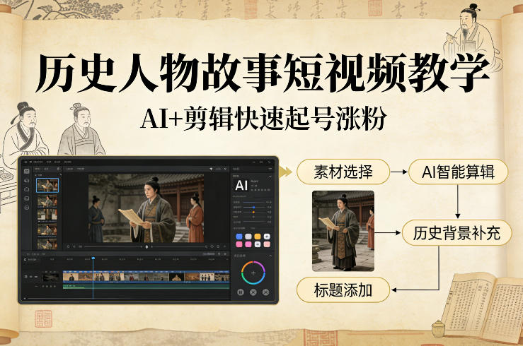 历史人物故事短视频教学，AI+剪辑制作历史人物题材短视频，快速起号涨粉-蜗牛学社