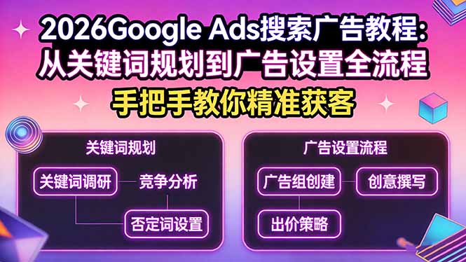 2026Google Ads搜索广告教程：从关键词规划到广告设置全流程，手把手教你精准获客-蜗牛学社