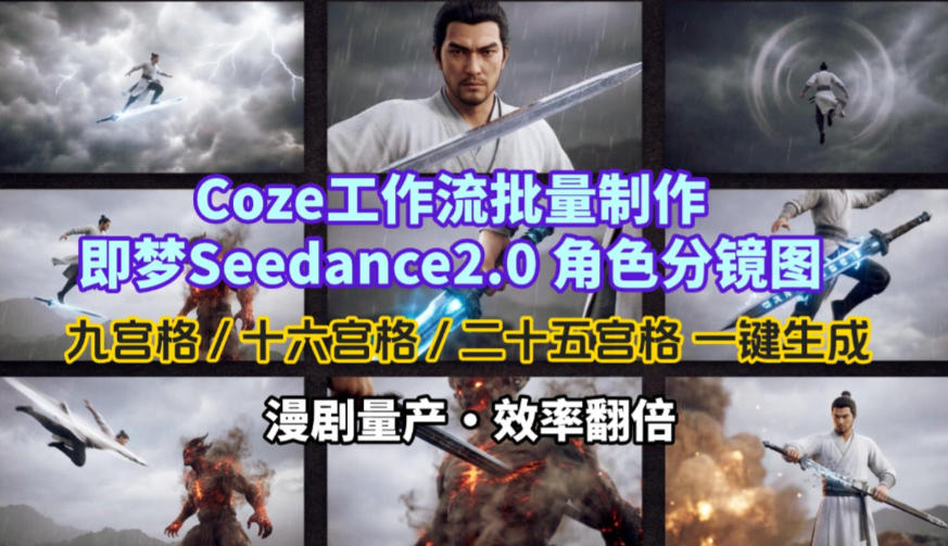 Coze工作流批量制作即梦Seedance2.0角色分镜图，九宫格-十六宫格-二十五宫格一键生成，漫剧量产，效率翻倍-蜗牛学社