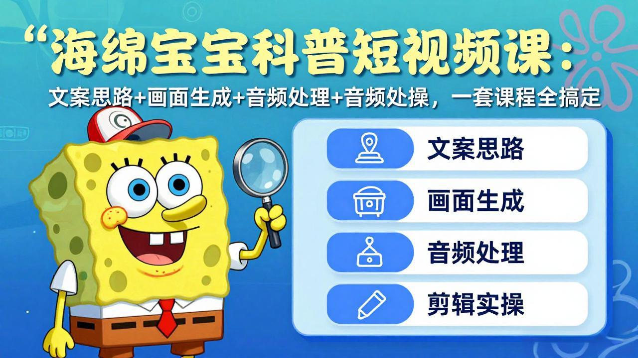 海绵宝宝科普短视频课：文案思路+画面生成+音频处理+剪辑实操，一套课程全搞定-蜗牛学社