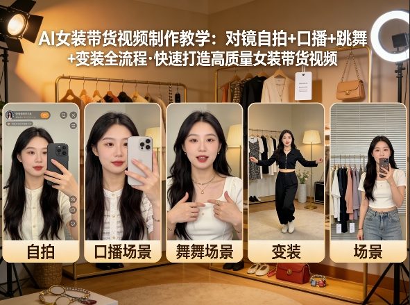 AI女装带货视频制作教学，对镜自拍、口播、跳舞、变装全流程，快速打造高质量女装带货视频-蜗牛学社