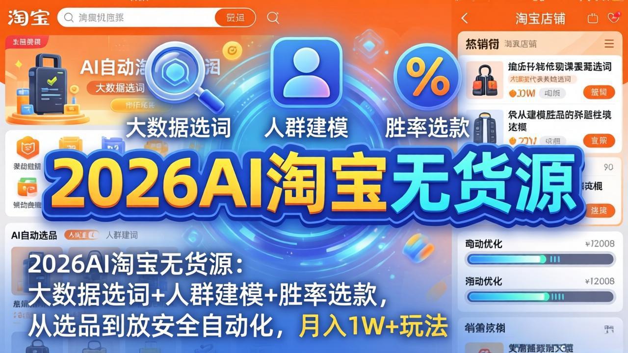 2026AI淘宝无货源：大数据选词+人群建模+胜率选款，从选品到放大全自动化，月入1W+玩法-蜗牛学社