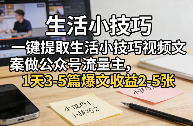 一键提取生活小技巧视频文案做公众号流量主，1天3-5篇爆文收益2-5张-蜗牛学社
