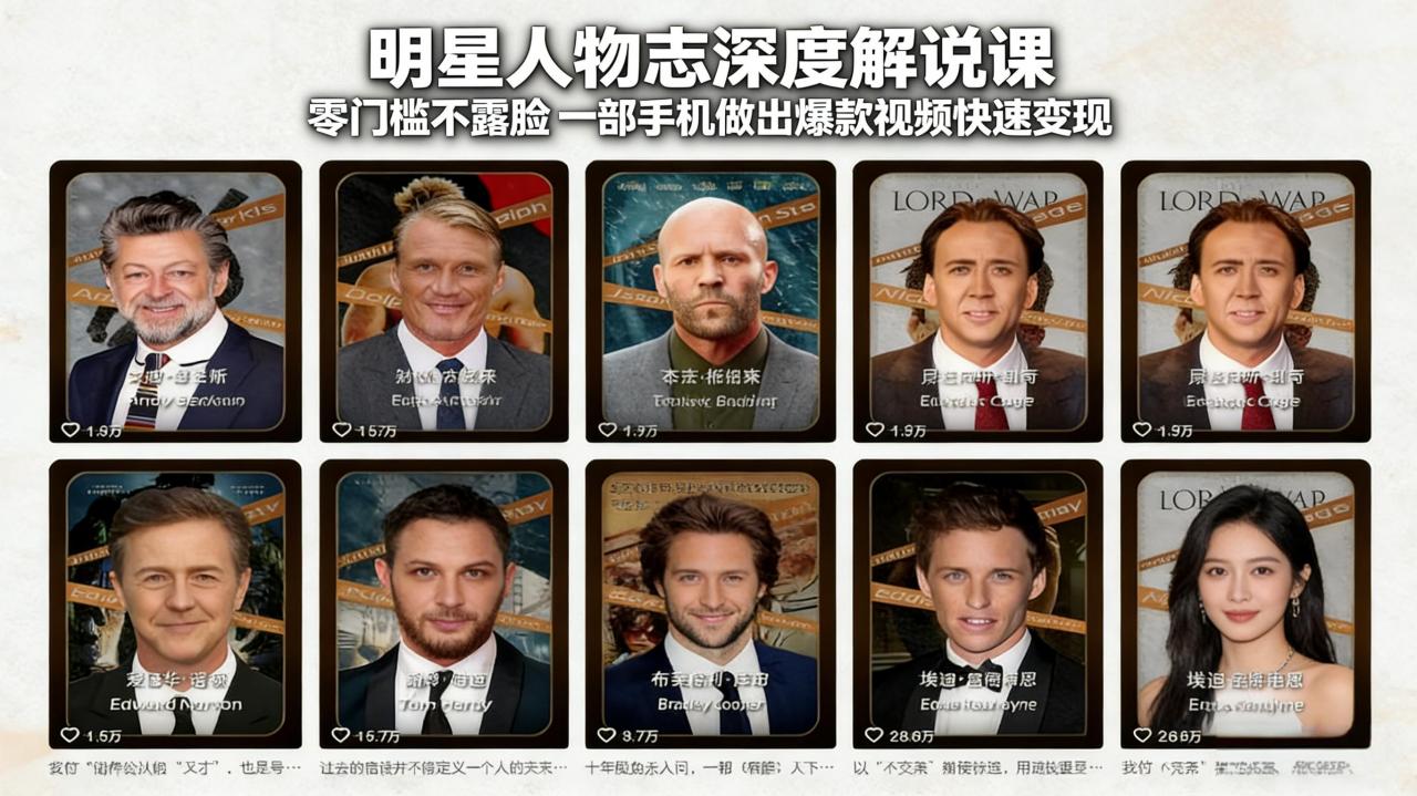 明星人物志深度解说课：零门槛不露脸，一部手机做出爆款视频快速变现-蜗牛学社