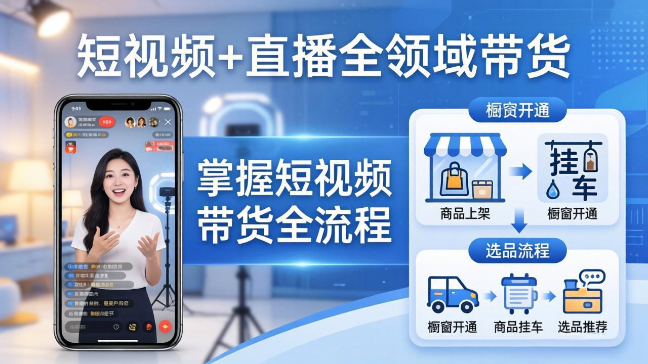 短视频+直播全领域带货-更新：掌握橱窗开通、挂车、选品、爆款文案改编等短视频带货全流程-蜗牛学社