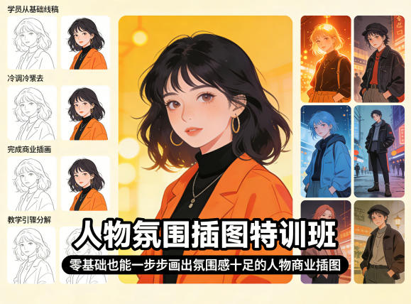 人物氛围插图特训班，零基础也能一步步画出氛围感十足的人物商业插图-蜗牛学社