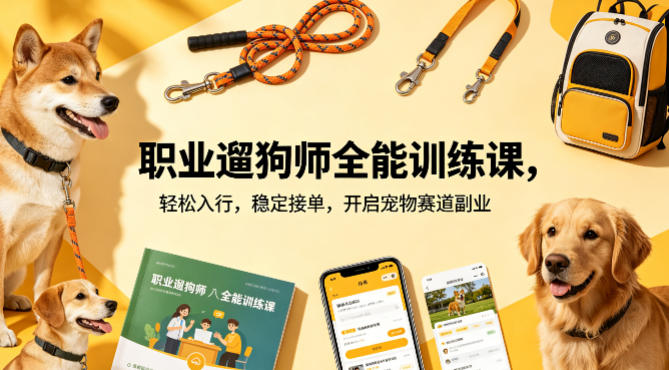 职业遛狗师全能训练课，轻松入行，稳定接单，开启宠物赛道副业-蜗牛学社