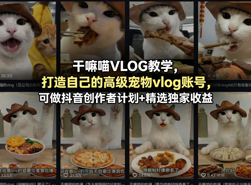 干嘛喵VLOG教学,打造自己的高级宠物vlog账号,可做抖音创作者计划+精选独家收益-蜗牛学社