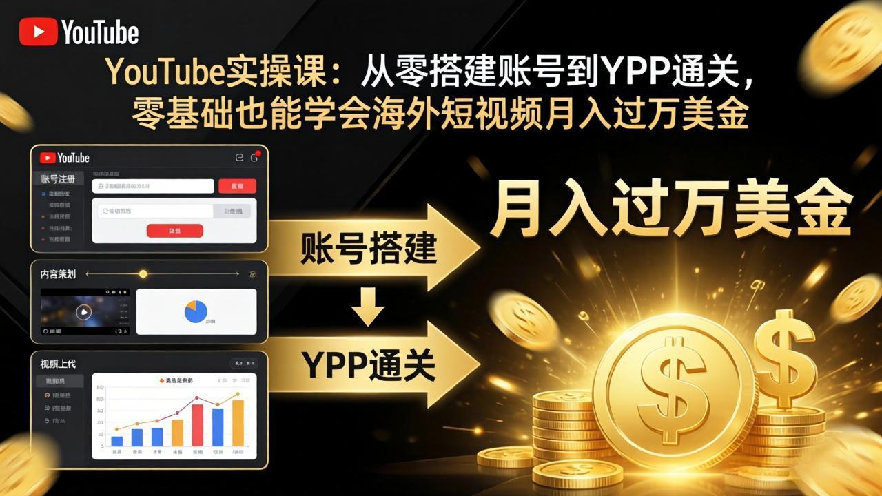 YouTube实操课：从零搭建账号到YPP通关，零基础也能学会海外短视频月入过万美金-蜗牛学社