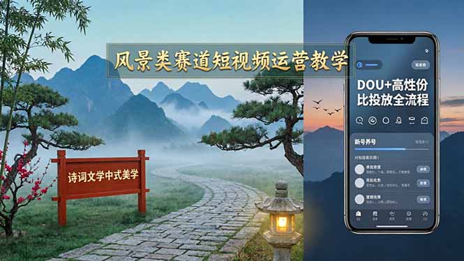 风景类赛道短视频运营教学:诗词文学中式美学,新号养号对标账号定位,DOU+高性价比投放全流程-蜗牛学社